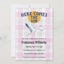 006 Wine 020 Fog Sun Plaid Stork Baby Shower Einladung