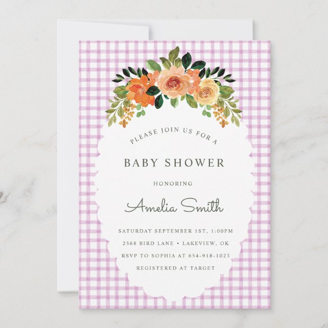 006 Wine Floral Gingham Baby Shower Invitations Einladung (Vorderseite)