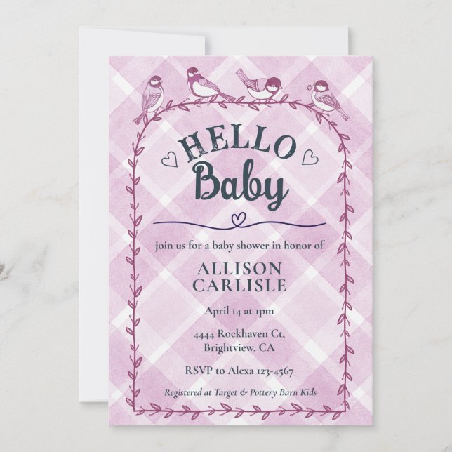 006 Wine Watercolor Gingham Birds Baby Shower Einladung (Vorderseite)
