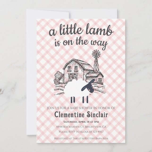 007 Red A Little Lamb Farm Gingham Baby Shower Einladung (Vorderseite)