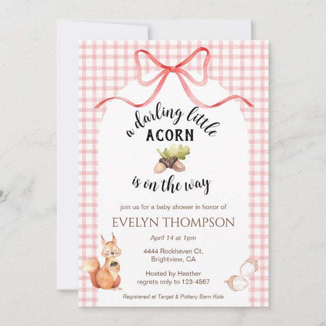 007 Red Cute Squirrel Acorn Gingham Baby Shower Einladung (Vorderseite)
