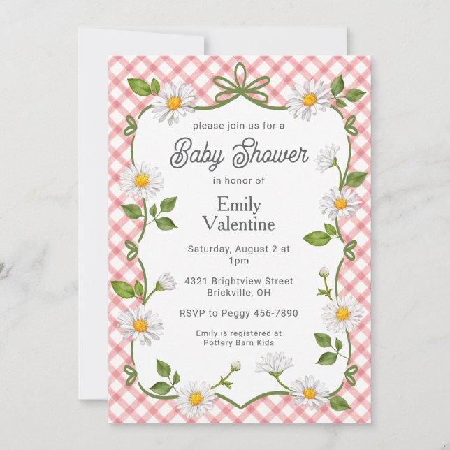007 Red Floral Daisy Plaid Baby Shower Einladung (Vorderseite)