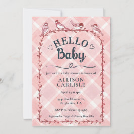 007 Red Watercolor Gingham Birds Baby Shower Einladung