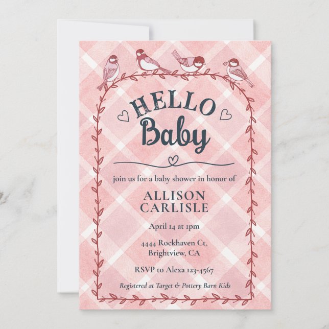 007 Red Watercolor Gingham Birds Baby Shower Einladung (Vorderseite)
