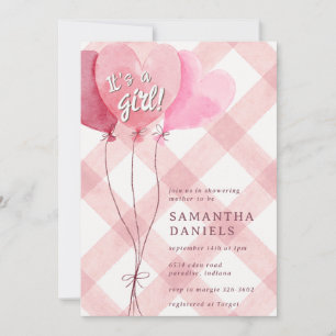 007 Roter Herzballon Gingham-Baby-Party Einladung