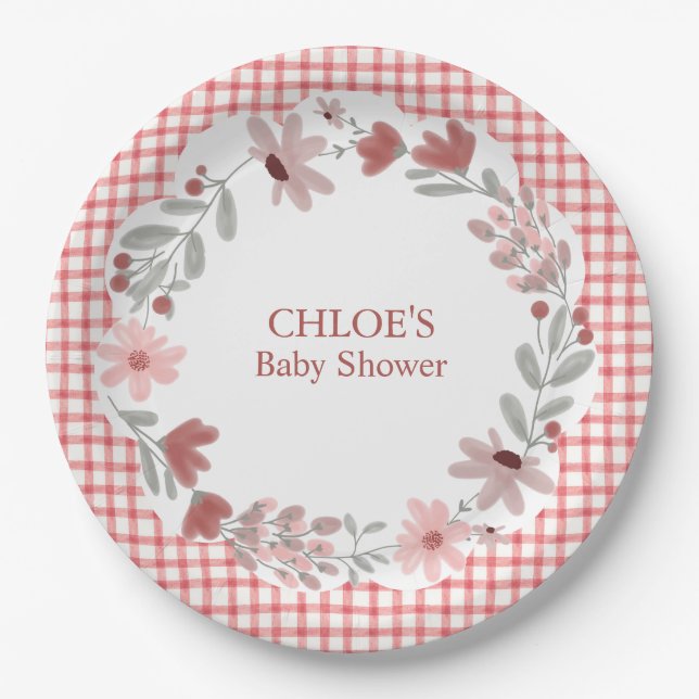 007 Roter Wildblumen-Bogenrahmen Gingham Pappteller (Vorderseite)