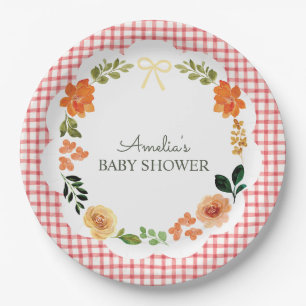 007 Rotes Blumen-Gingham-Baby-Shower Pappteller