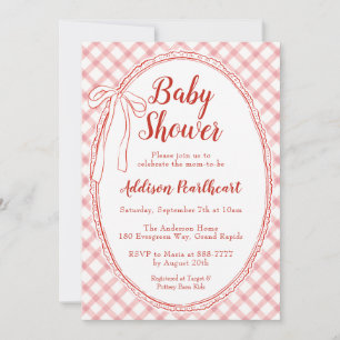 007 Rotes Erbstück-Spitze Gingham Babyparty Einladung