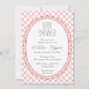007 Rotes Vintage-Spitzenrahmen-Gingham-Baby-Showe Einladung