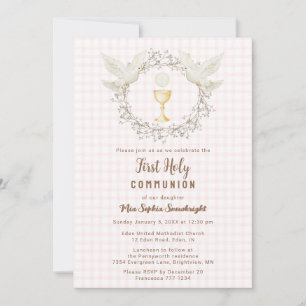 008 Blush Dove & Chalice Gingham Erstkommunion Einladung