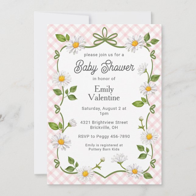 008 Blush Pink Floral Daisy Plaid Baby Shower Einladung (Vorderseite)