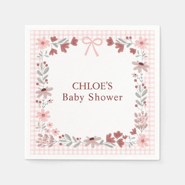 008 Blush Pink Wildflower Bow Gingham Shower Serviette (Vorderseite)