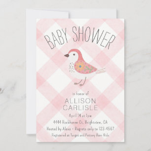 008 Blush Süße Blumen-Vogel-Gingham-Baby-Party Einladung