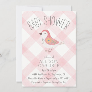 008 Blush Süße Blumen-Vogel-Gingham-Baby-Party Einladung