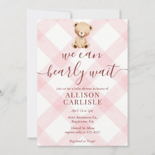 008 Rosa Teddybär Gingham Baby Shower-Einladung Einladung