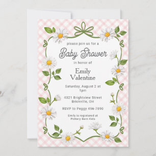 008 Rosafarbenes Blumen-Daisy-Karo-Baby-Taufparty Einladung
