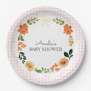 008 Rosafarbenes Blumen-Gingham-Baby-Shower Pappteller