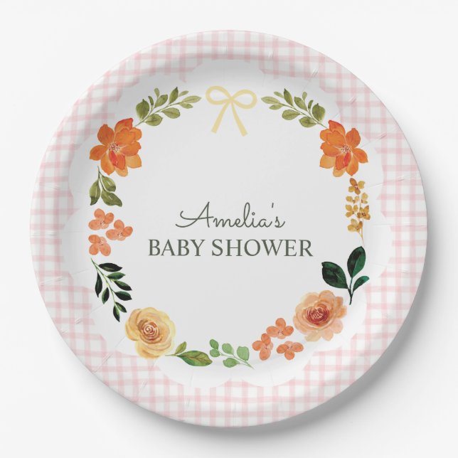 008 Rosafarbenes Blumen-Gingham-Baby-Shower Pappteller (Vorderseite)