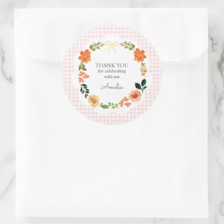 008 Rosafarbenes Blumen-Gingham-Baby-Shower Runder Aufkleber