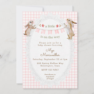 008 Rosafarbenes Süßes Häschen Gingham Baby Shower Einladung