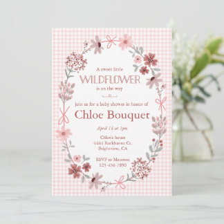 008 Rosafarbenes Wildblumen-Schleife Gingham-Baby Einladung