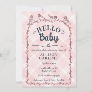 008 Watercolor-Gingham-Vögel Baby Shower Einladung