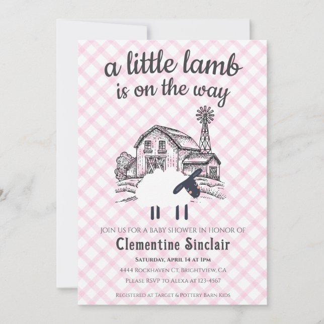 009 Fuchsia A Little Lamb Farm Gingham Baby Shower Einladung (Vorderseite)