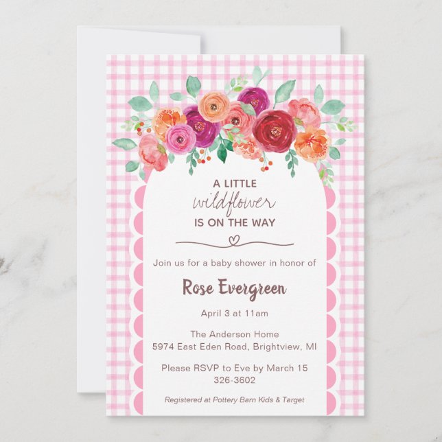 009 Fuchsia Pink Watercolor Wildflower Baby Shower Einladung (Vorderseite)