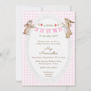 009 Fuchsia Rosa Süßes Häschen Gingham Babyparty Einladung