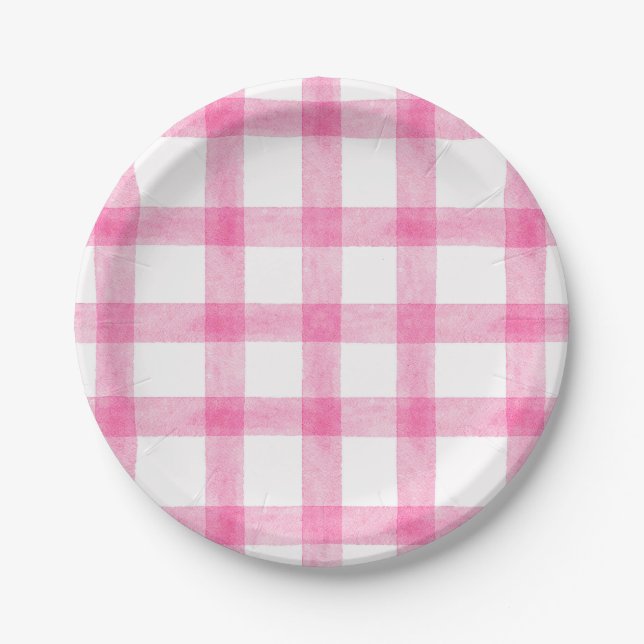 009 Fuchsia-Wasserfarbe-Karo Kleine Papierplatten Pappteller (Vorderseite)