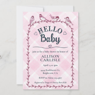 009 Fuchsia Watercolor Gingham Birds Baby Shower Einladung