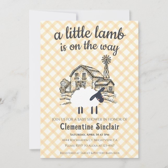 010 Amber A Little Lamb Farm Gingham Baby Shower Einladung (Vorderseite)