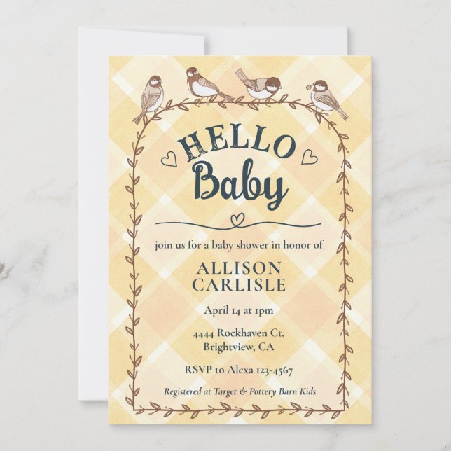 010 Amber Watercolor Gingham Birds Baby Shower Einladung (Vorderseite)
