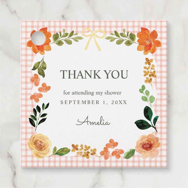 011 Terracotta Floral Gingham Baby Shower Geschenkanhänger (Vorderseite)