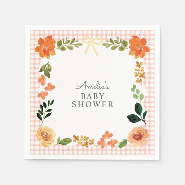 011 Terrakotta Blumen Gingham Babyparty Serviette (Vorderseite)