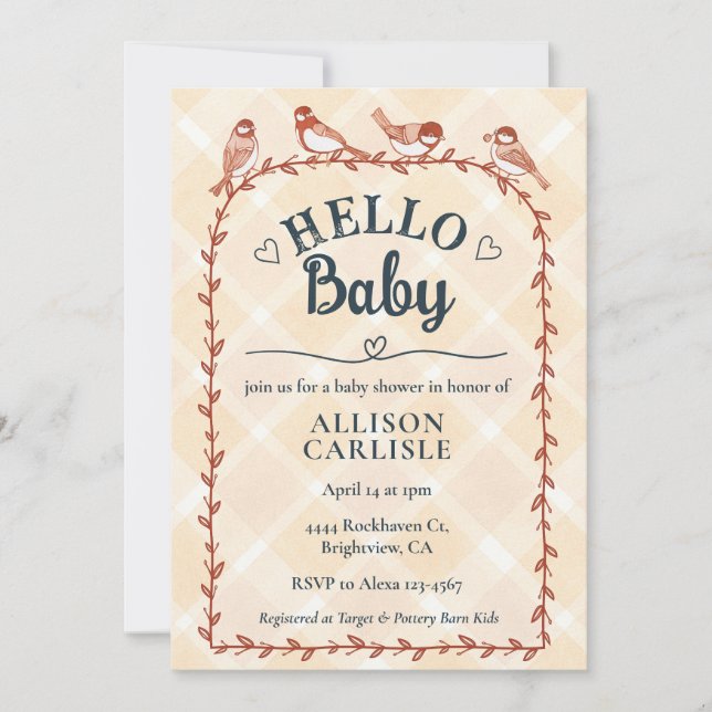 012 Copper Watercolor Gingham Birds Baby Shower Einladung (Vorderseite)