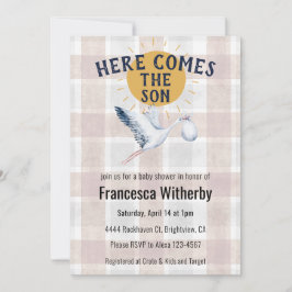 013 Chocolate 020 Fog Sun Plaid Stork Baby Shower Einladung