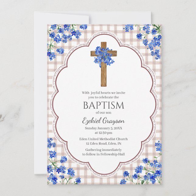 013 Chocolate Blossom Rustic Cross Design Baptism Einladung (Vorderseite)