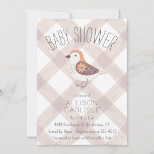 013 Chocolate Cute Florale Vogel Gingham Baby Show Einladung