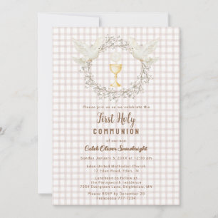 013 Chocolate Dove & Chalice Gingham Erstkommunion Einladung