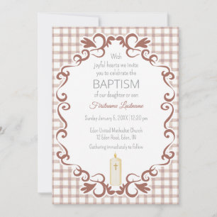 013 Chocolate Scroll Gingham Kreuz Kerze Taufe Einladung