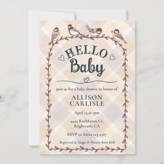 013 Chocolate Watercolor Gingham Birds Baby Shower Einladung (Vorderseite)