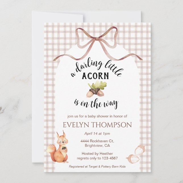 013 Schokoladen-Eichhörnchen-Eichel-Gingham-Baby-P Einladung (Vorderseite)