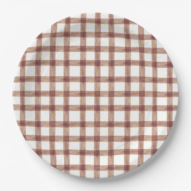 013 Schokoladen-Wasserfarbe-Gingham-L-Papierteller Pappteller (Vorderseite)