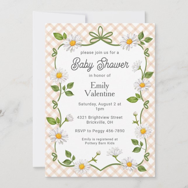 014 Latte Brown Floral Daisy Plaid Baby Shower Einladung (Vorderseite)