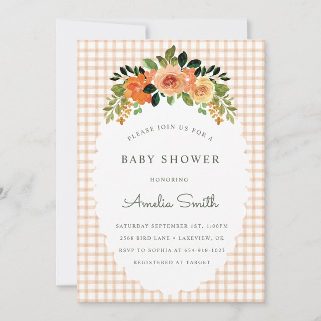 014 Latte Floral Gingham Baby Shower Invitations Einladung (Vorderseite)