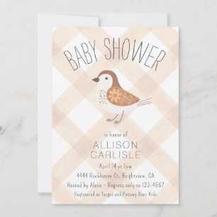 014 Latte Tan Cute Floral Bird Gingham Baby Shower Einladung