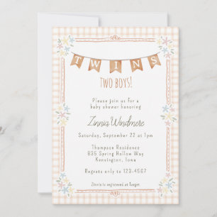 014 Latte Tan Gingham Blumen Twins Babyparty Einladung