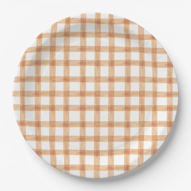 014 Latte Tan Watercolor Gingham L Papierplatten Pappteller (Vorderseite)