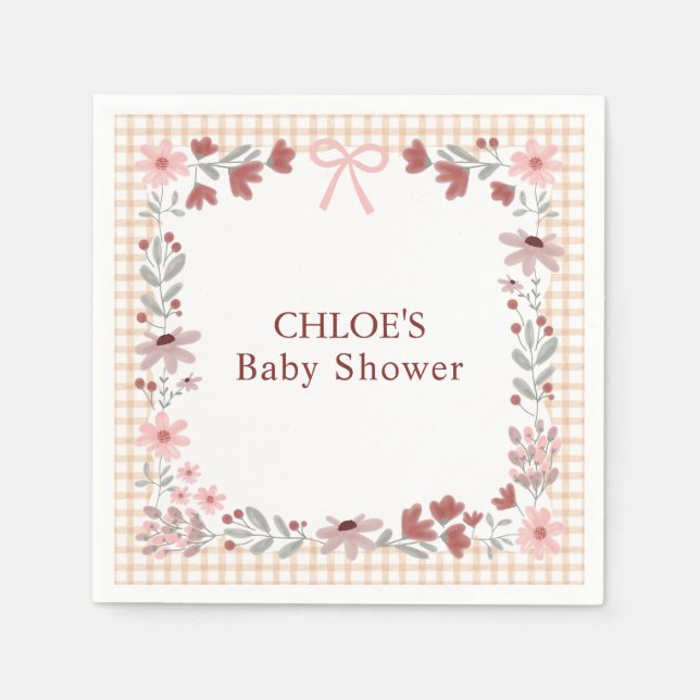 014 Latte Tan Wildflower-Bogen Gingham- Babyparty Serviette (Vorderseite)